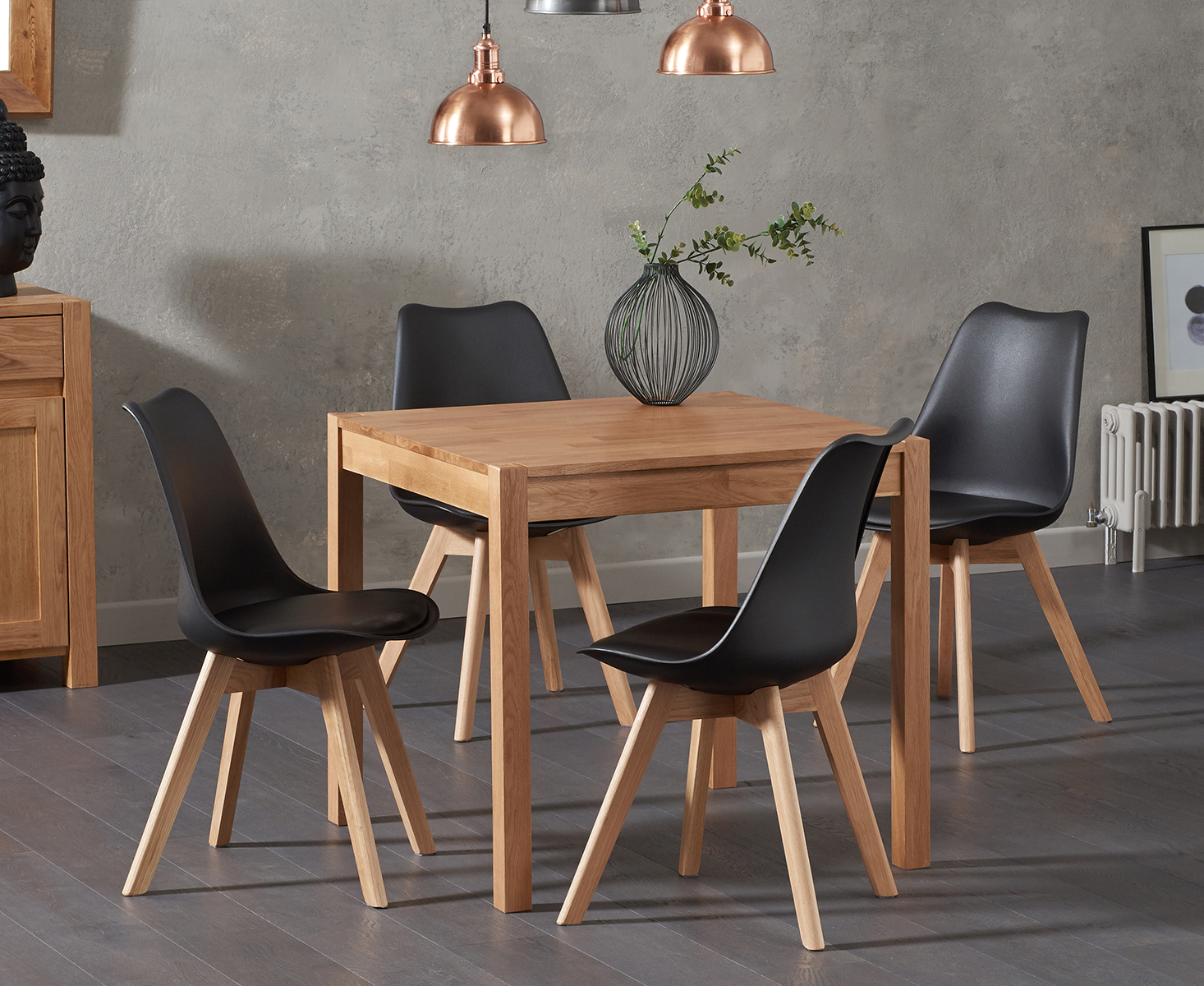 Oxford 80cm Solid Oak Dining Table With 4 Dark Grey Orson Faux Leather Chairs