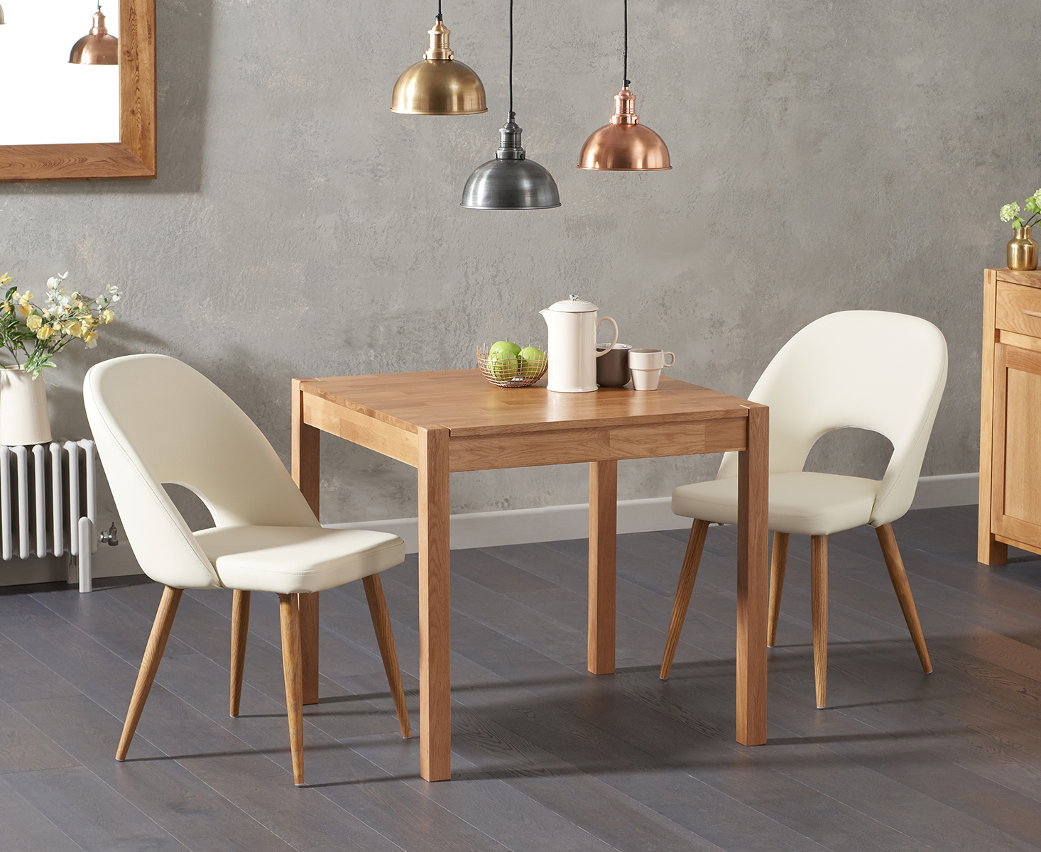 Oxford 80cm Solid Oak Dining Table With 2 Grey Hudson Faux Leather Chairs
