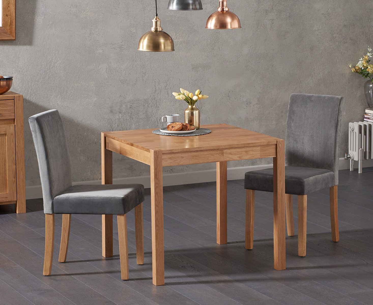 Oxford 80cm Solid Oak Dining Table With 4 Grey Lila Plush Fabric Chairs