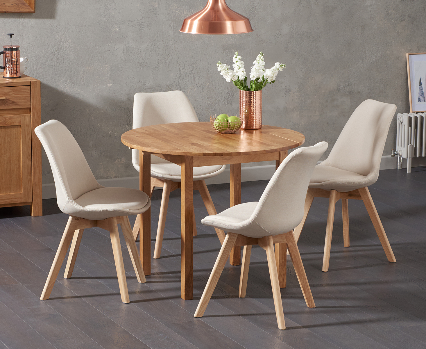 Oxford 90cm Solid Oak Drop Leaf Extending Dining Table With 2 Light Grey Orson Fabric Chairs