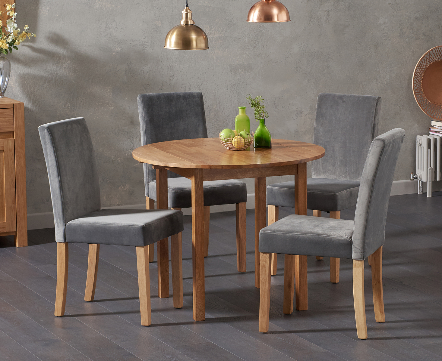 Oxford 90cm Solid Oak Drop Leaf Extending Dining Table With 4 Grey Lila Plush Chairs