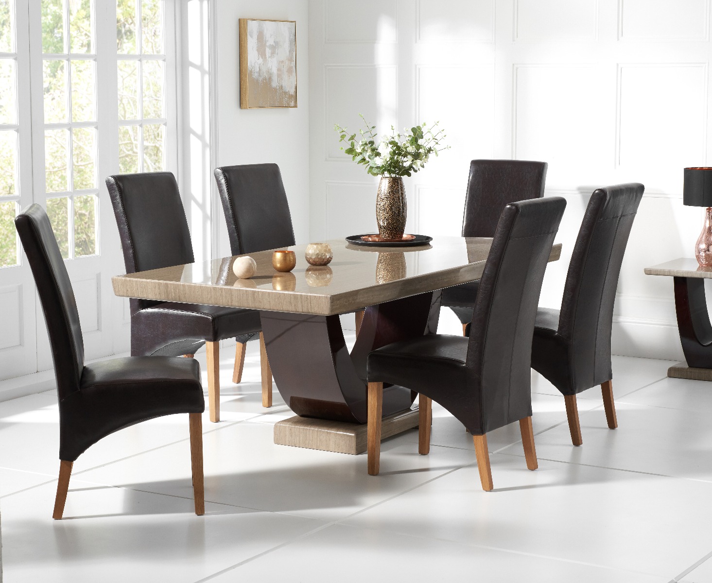 Product photograph of Raphael 170cm Brown Pedestal Marble Dining Table With 4 Grey Cannes Chairs from Oak Furniture Superstore