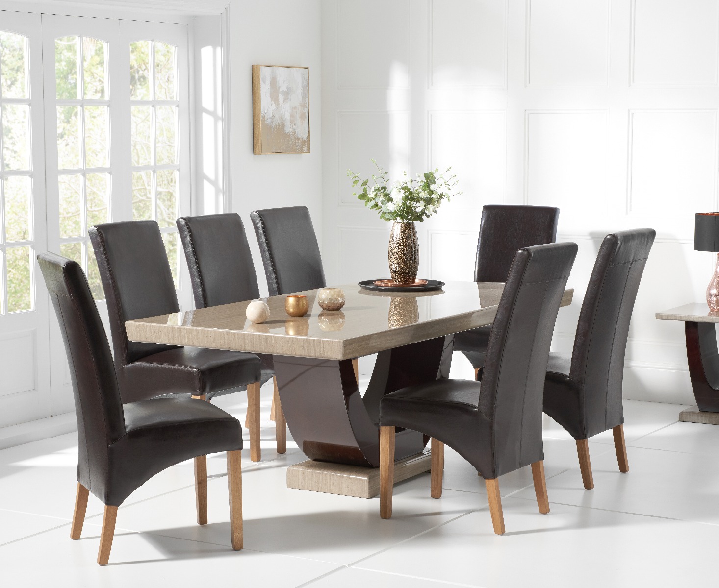 Raphael 200cm Brown Pedestal Marble Dining Table With 12 Black Cannes Chairs