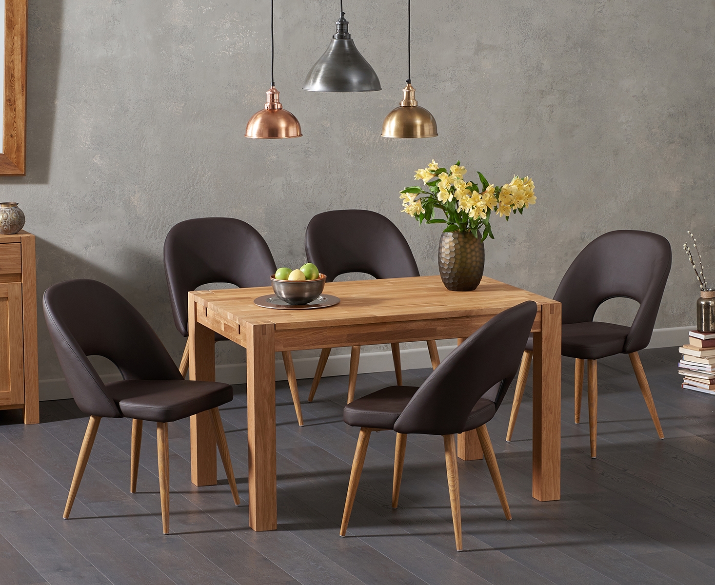 Verona 120cm Solid Oak Dining Table With 6 Grey Hudson Faux Leather Chairs