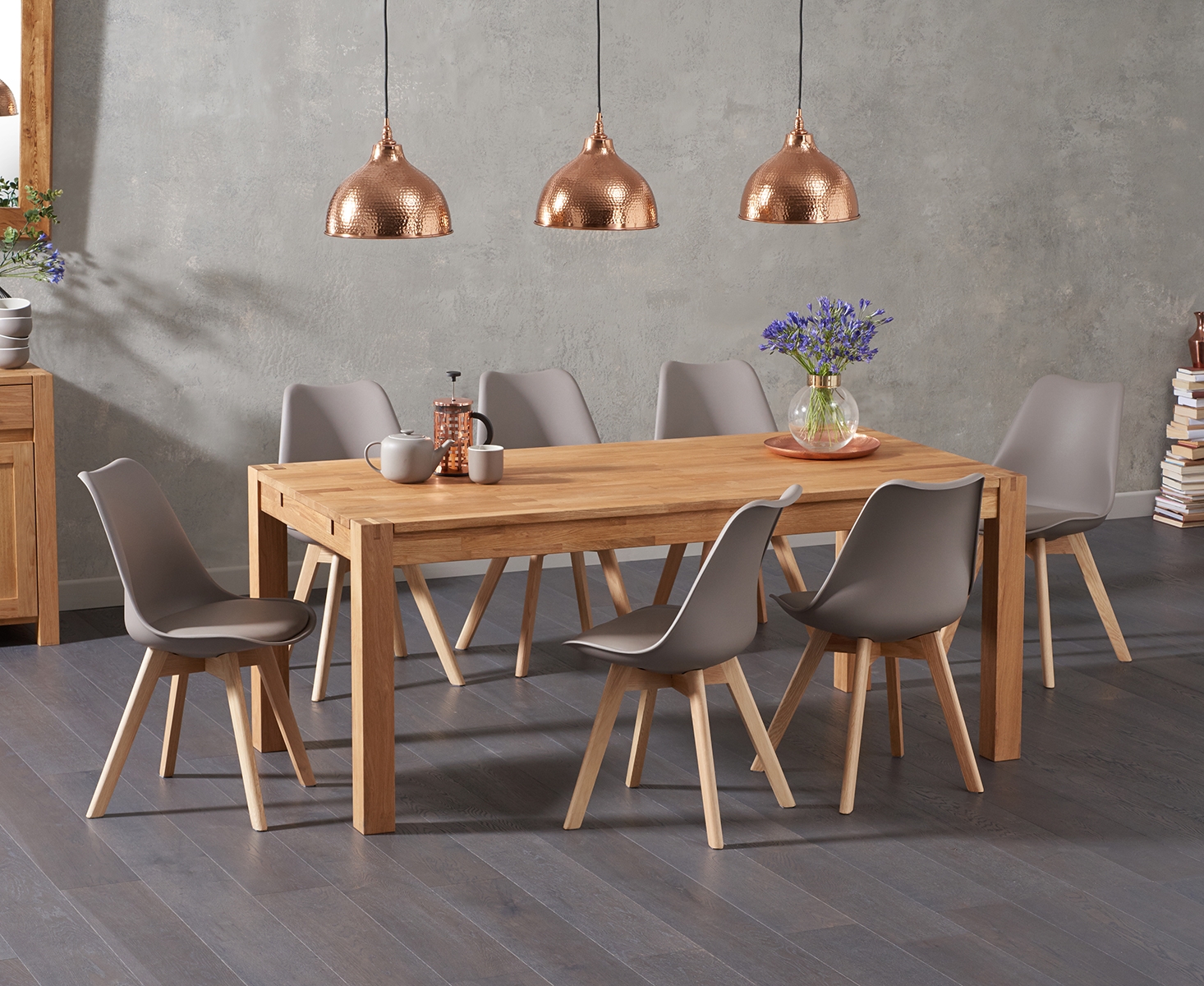 Verona 180cm Solid Oak Dining Table With 6 Light Grey Orson Faux Leather Chairs