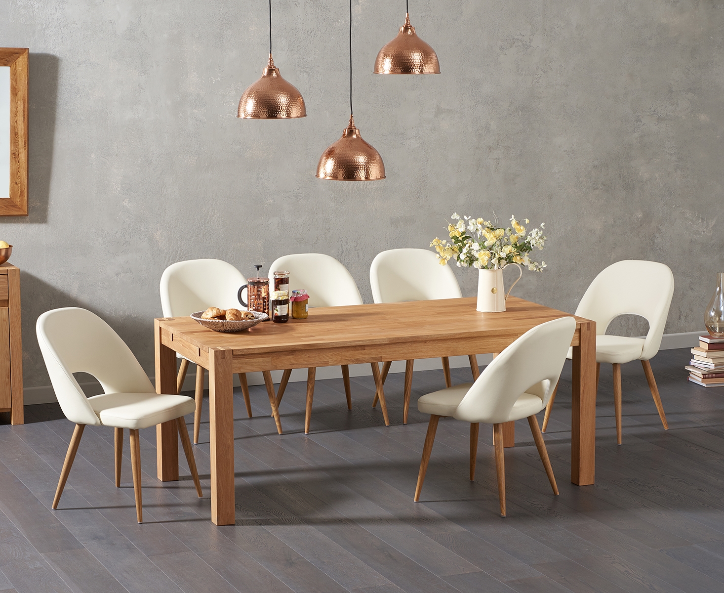 Verona 180cm Solid Oak Dining Table With 6 Grey Hudson Faux Leather Chairs