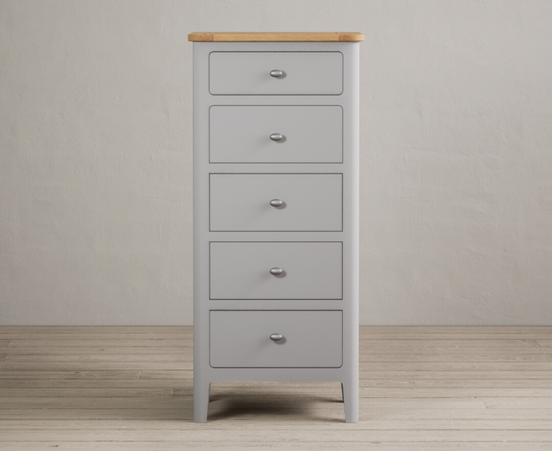 Product photograph of Loxton Oak And Light Grey Painted 5 Drawer Tallboy from Oak Furniture Superstore