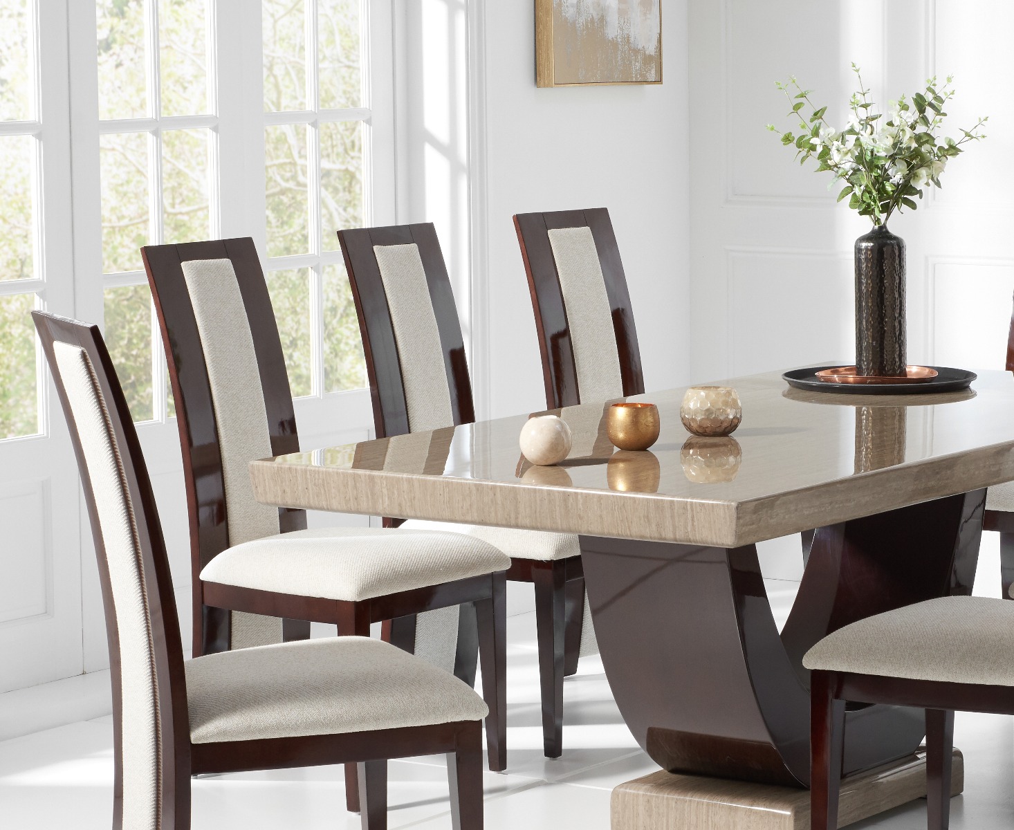 Photo 3 of Novara 200cm brown pedestal marble dining table with 6 brown novara chairs