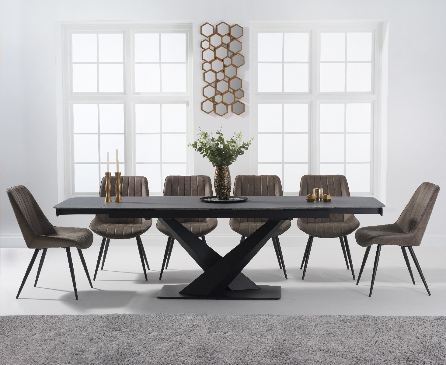 Extending Jacob 180cm Grey Stone Dining Table With 6 Brown Brody Chairs