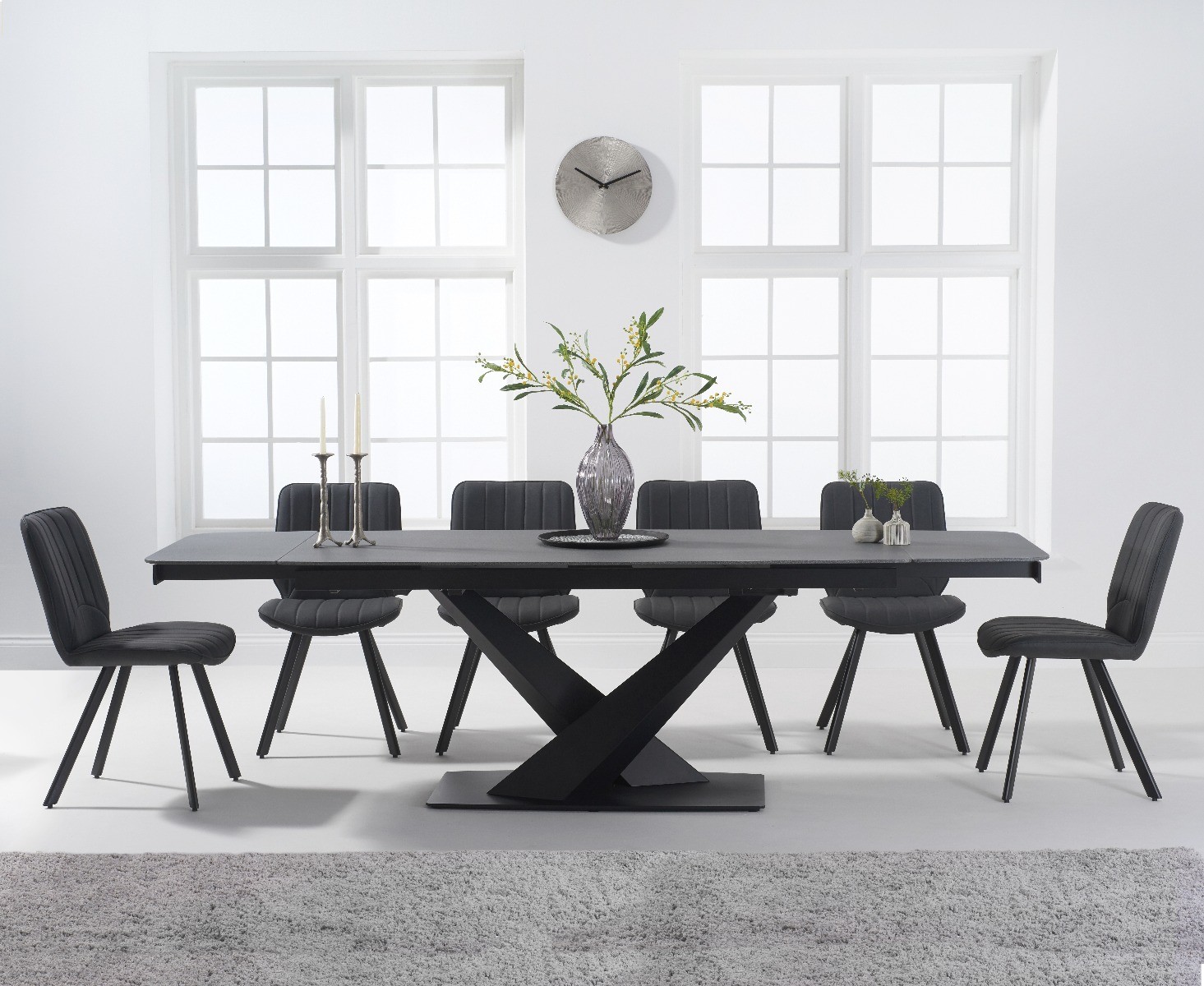 Photo 1 of Extending jacob 180cm grey stone dining table with 8 brown hendrick chairs
