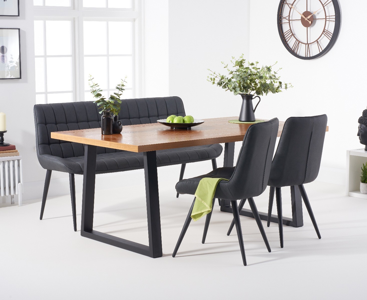 Urban 180cm Ash And Veneer Industrial Dining Table With 2 Grey Larson Chairs With 2 Grey Benches