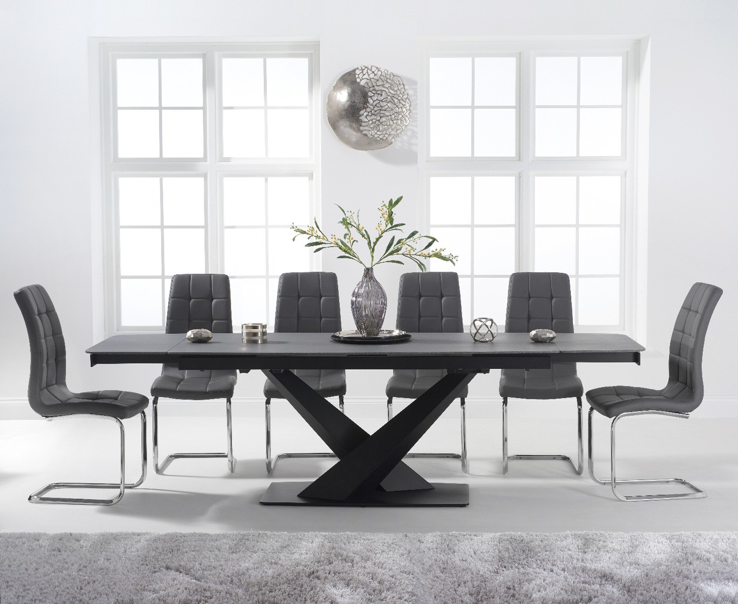 Extending Jacob 180cm Grey Stone Dining Table With 8 Black Vigo Chairs