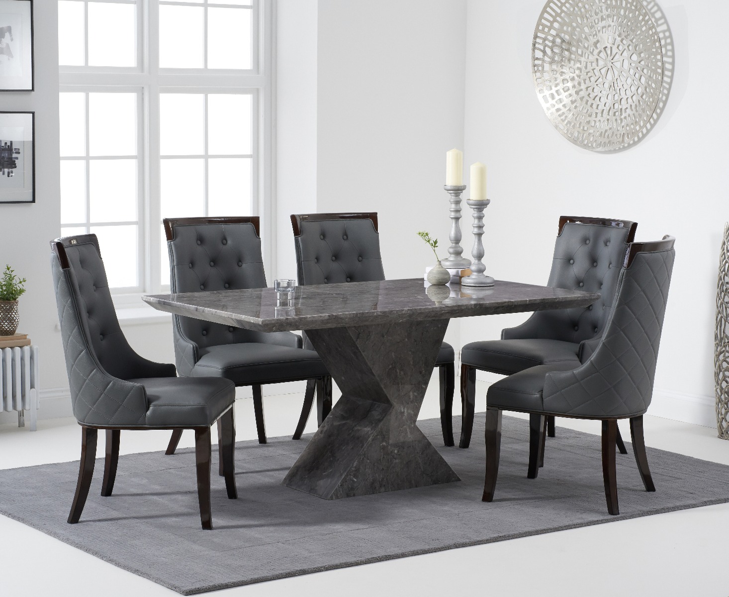 Product photograph of Aaron 160cm Marble Grey Dining Table With 8 Cream Francesca Chairs from Oak Furniture Superstore