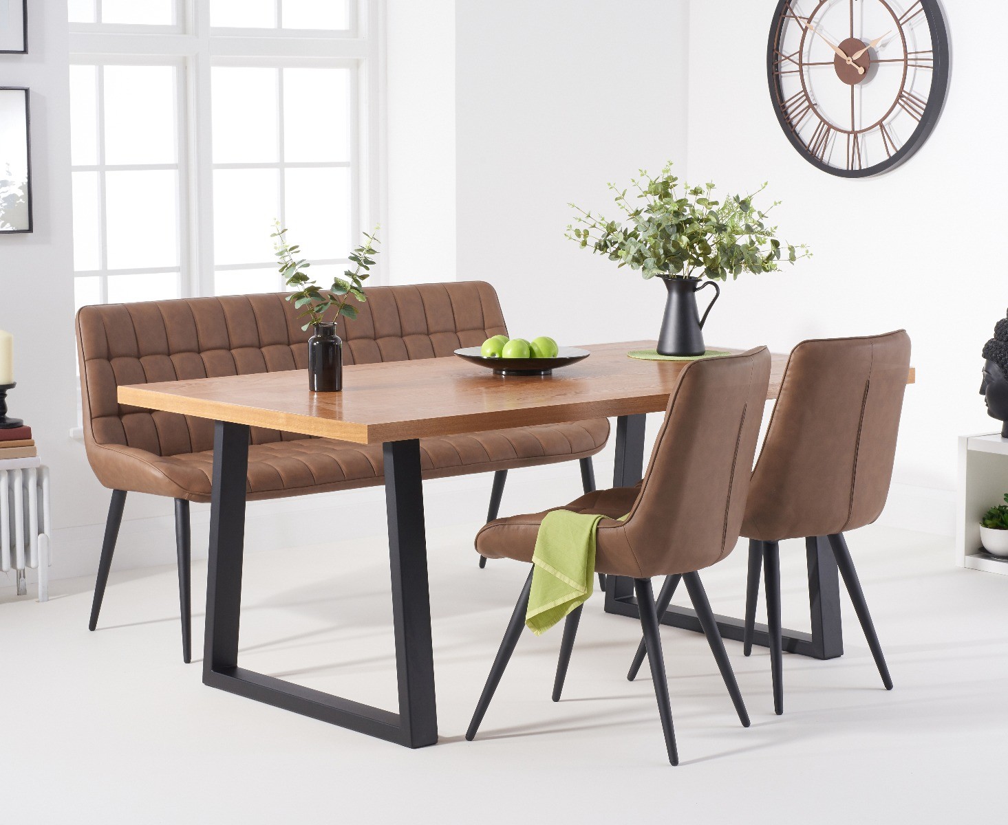 Urban 180cm Ash And Veneer Industrial Dining Table With 4 Brown Larson Chairs With 1 Brown Bench