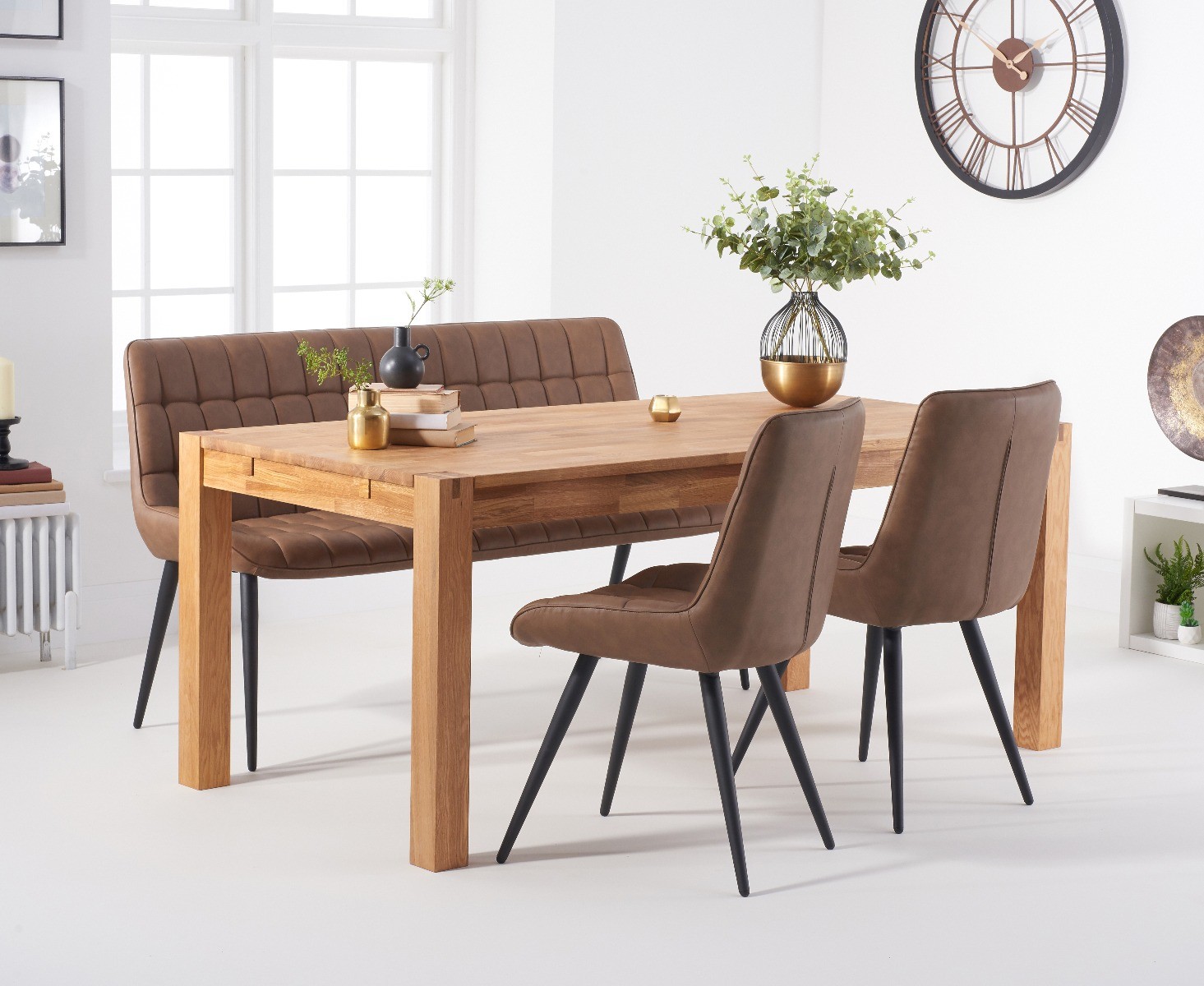 Thetford 150cm Oak Dining Table With 2 Brown Larson Chairs With 1 Brown Bench