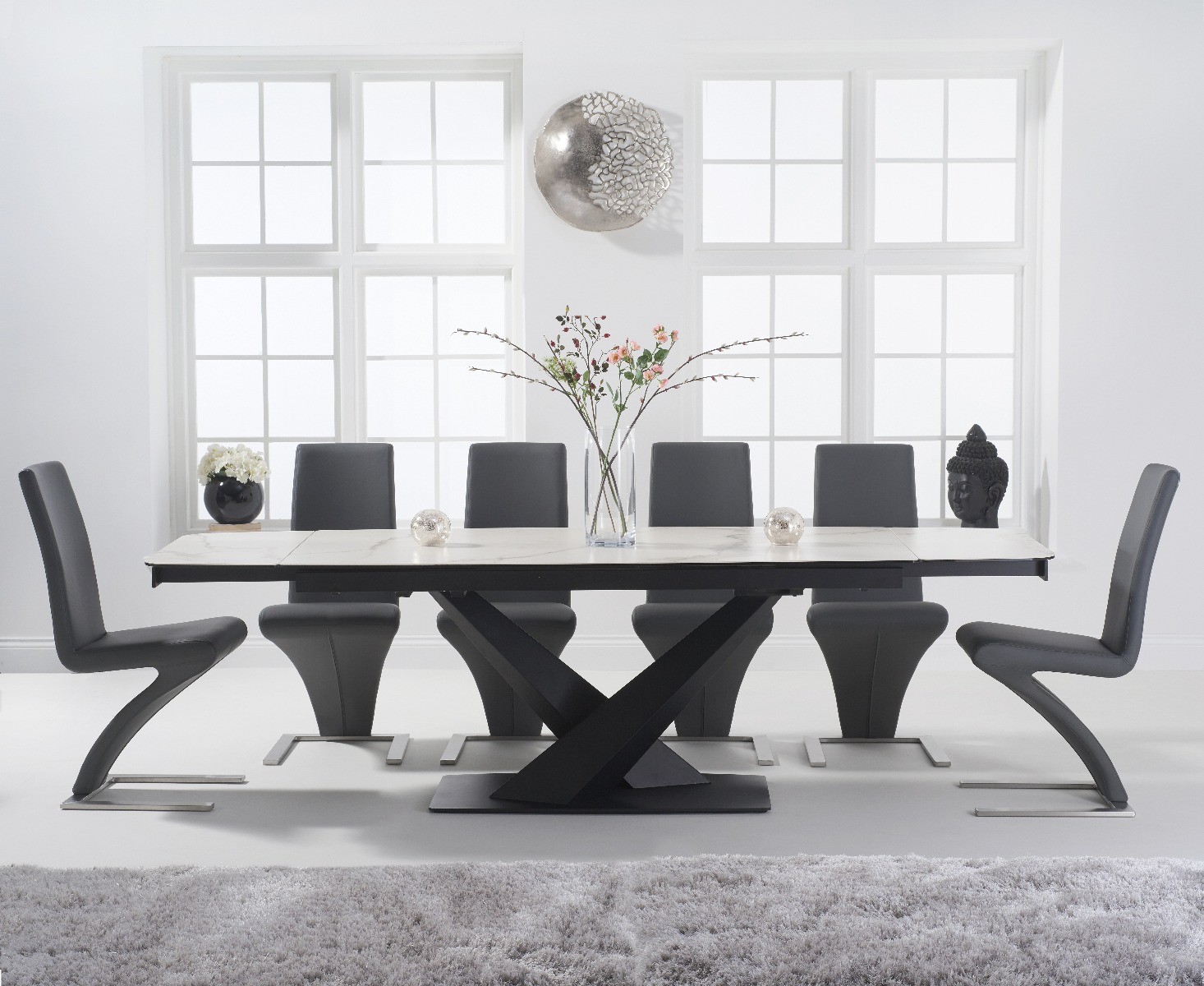 Product photograph of Extending Jacob 180cm White Ceramic Dining Table With 8 Black Aldo Chairs from Oak Furniture Superstore