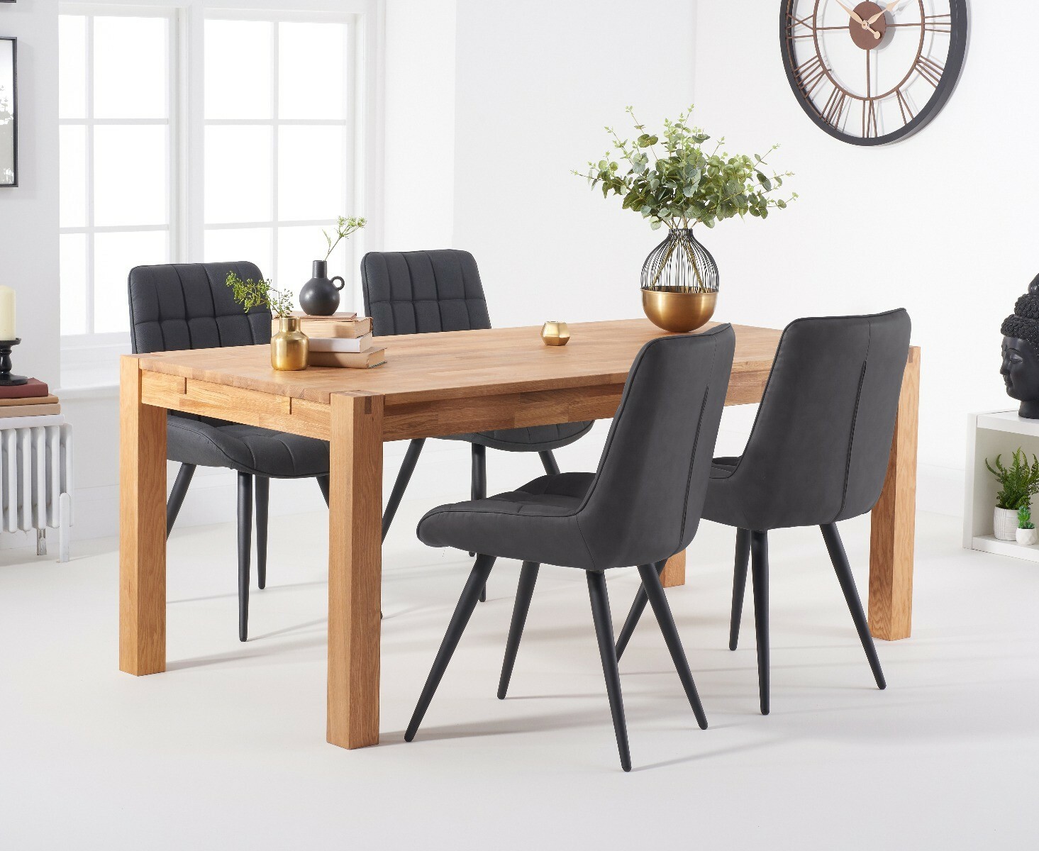 Product photograph of Thetford 150cm Oak Dining Table With Thetford 45cm Oak Extensions With 6 Grey Larson Chairs from Oak Furniture Superstore