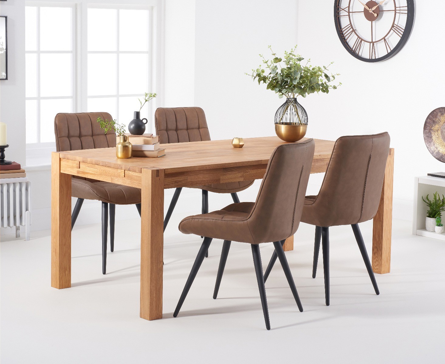 Photo 1 of Thetford 180cm oak dining table with 8 brown larson chairs