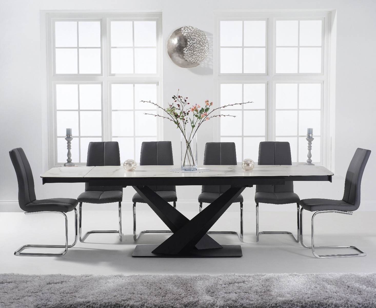 Product photograph of Extending Jacob 180cm White Ceramic Dining Table With 10 Grey Gianni Chairs from Oak Furniture Superstore