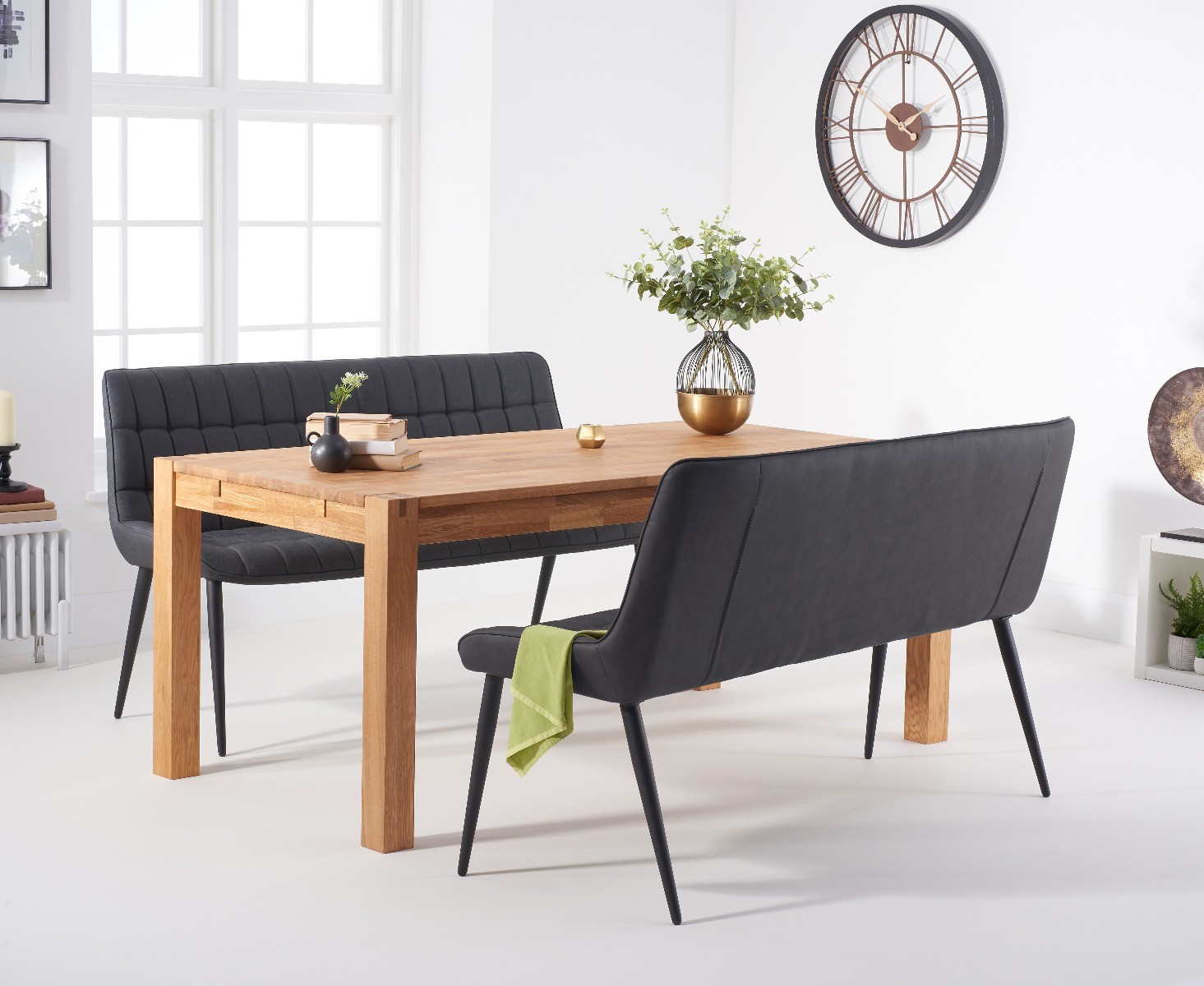 Thetford 150cm Oak Dining Table With 2 Grey Benches