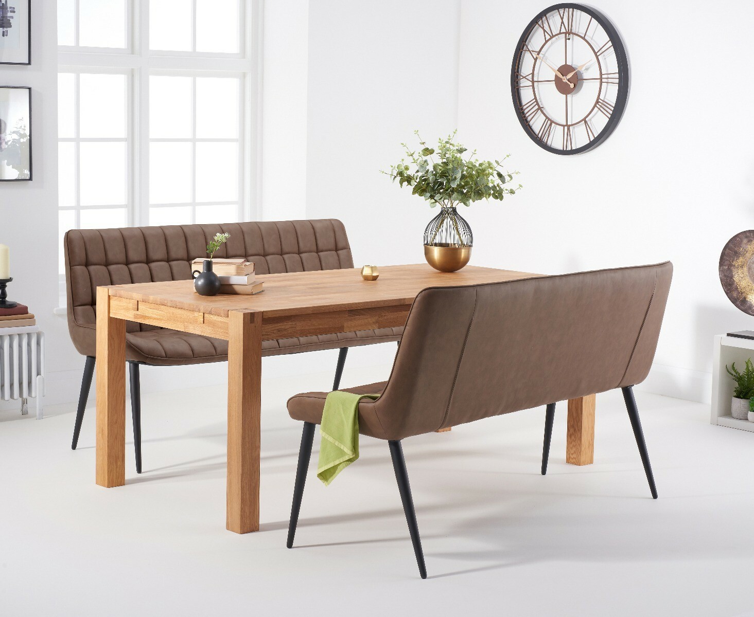 Product photograph of Thetford 180cm Oak Dining Table With 2 Brown Benches With Thetford 45cm Oak Extensions from Oak Furniture Superstore