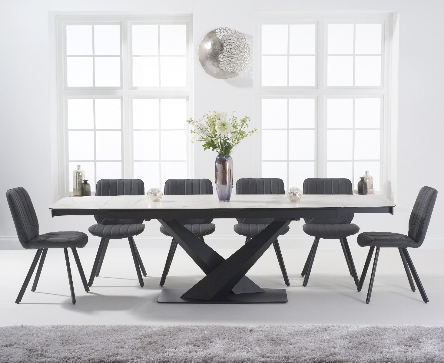 Photo 1 of Extending jacob 180cm white ceramic dining table with 12 grey hendrick chairs