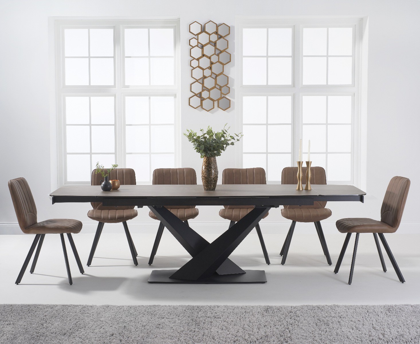 Product photograph of Extending Jacob 180cm Mink Ceramic Dining Table With 10 Brown Hendrick Chairs from Oak Furniture Superstore