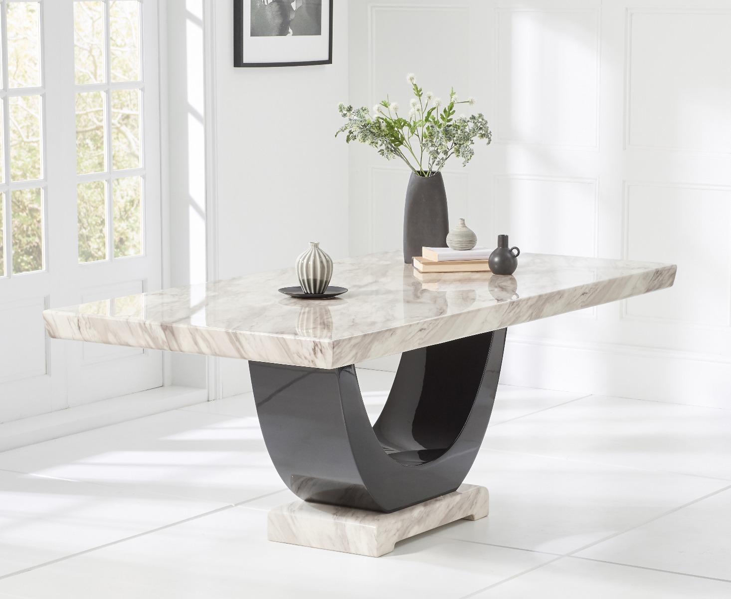 Photo 1 of Novara 200cm cream and black pedestal marble dining table with 10 black novara chairs