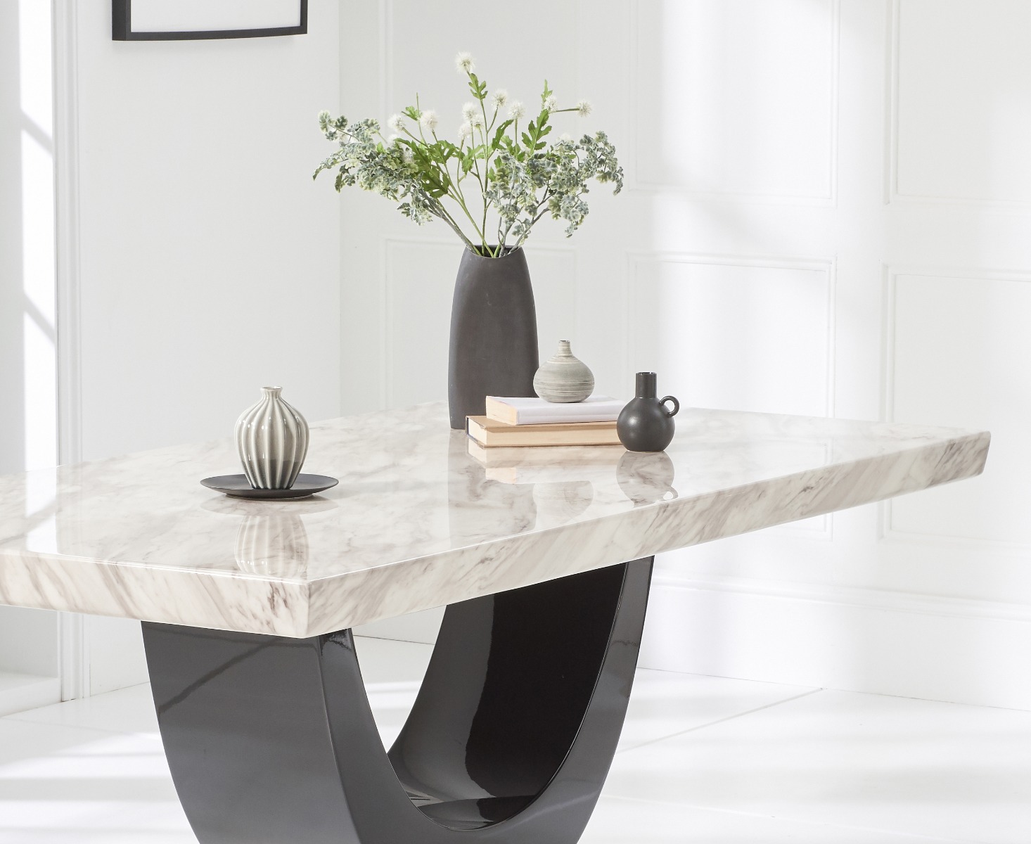 Photo 2 of Novara 200cm cream and black pedestal marble dining table