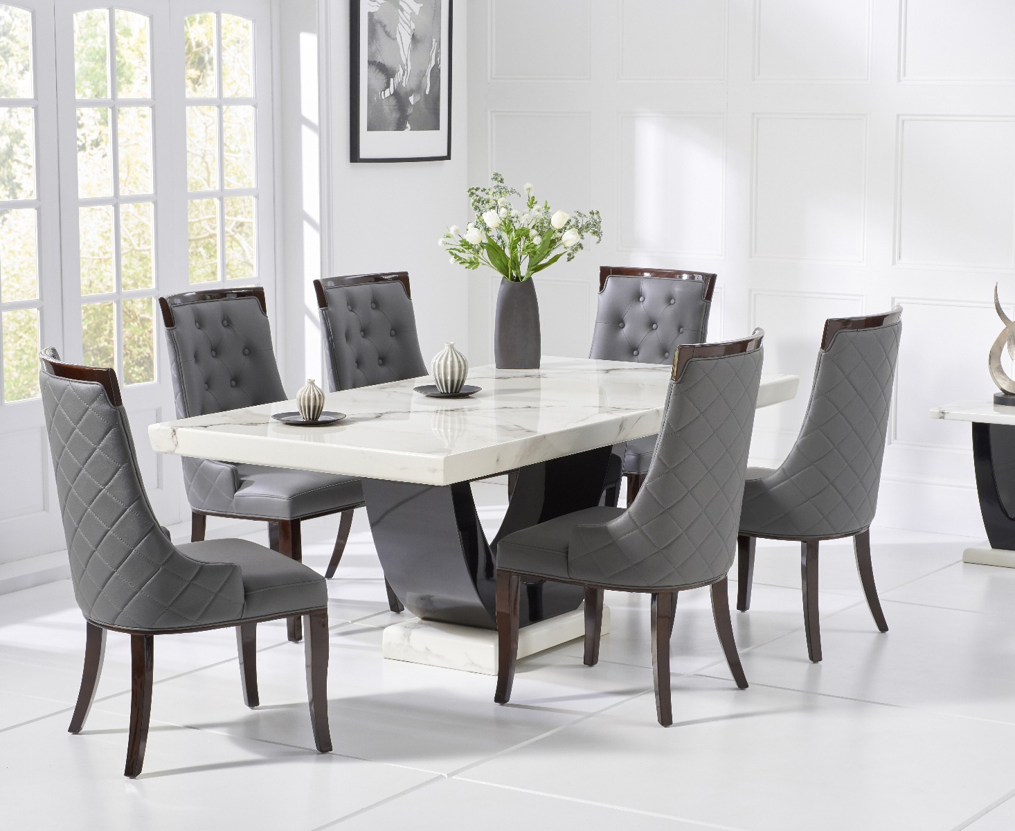 Product photograph of Novara 170cm White And Black Pedestal Marble Dining Table With 4 Grey Francesca Chairs from Oak Furniture Superstore