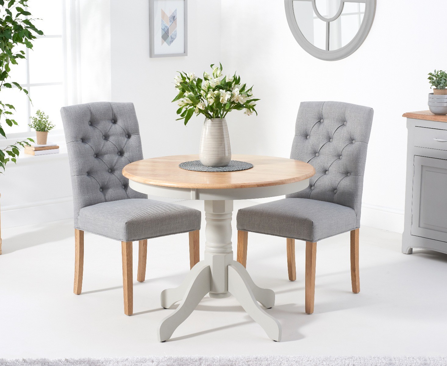 Epsom 90cm Oak And Grey Painted Dining Table With 4 Grey Isabella Fabric Chairs