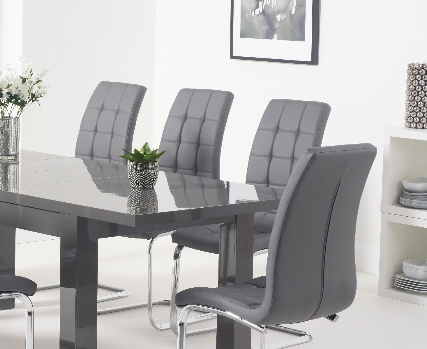 Photo 2 of Extending seattle 160cm dark grey high gloss dining table with 6 white vigo chairs