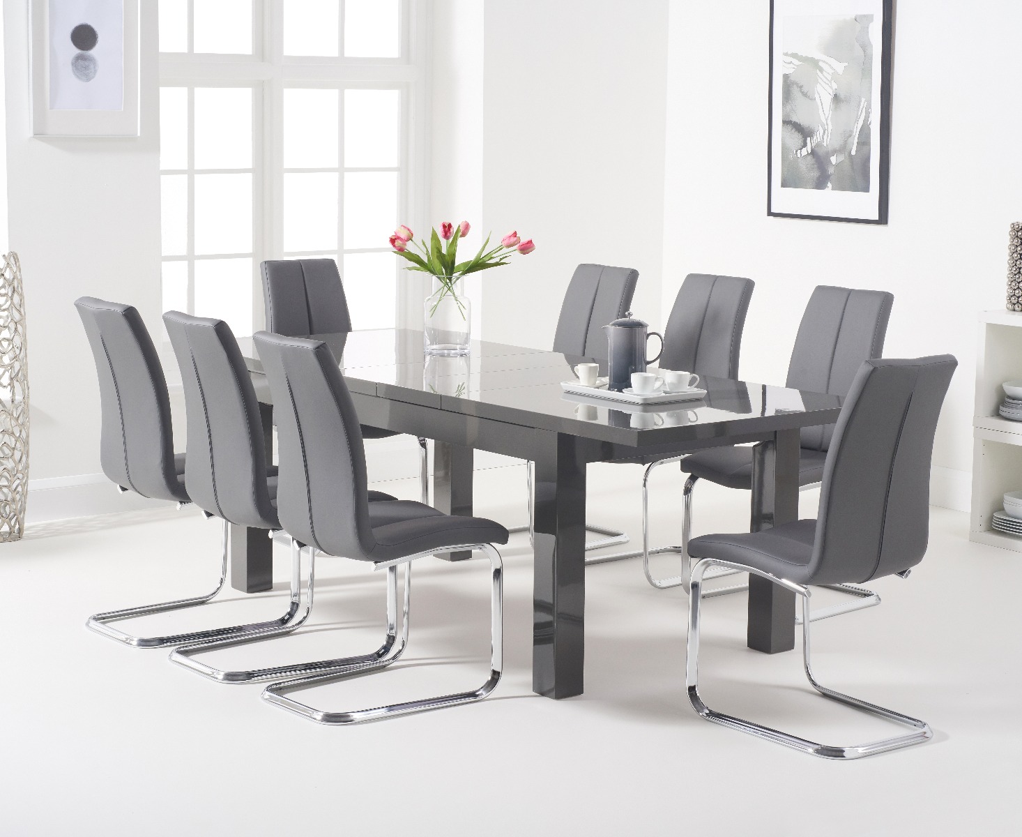 Photo 1 of Extending seattle 160cm dark grey high gloss dining table with 8 grey gianni chairs