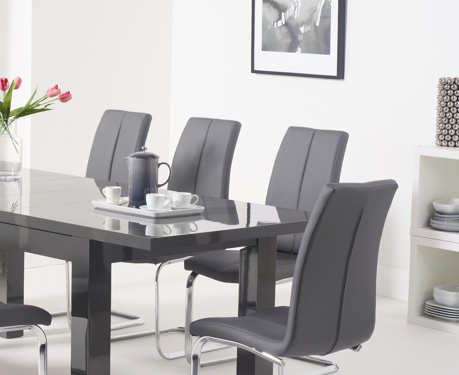 Photo 2 of Extending seattle 160cm dark grey high gloss dining table with 6 grey gianni chairs
