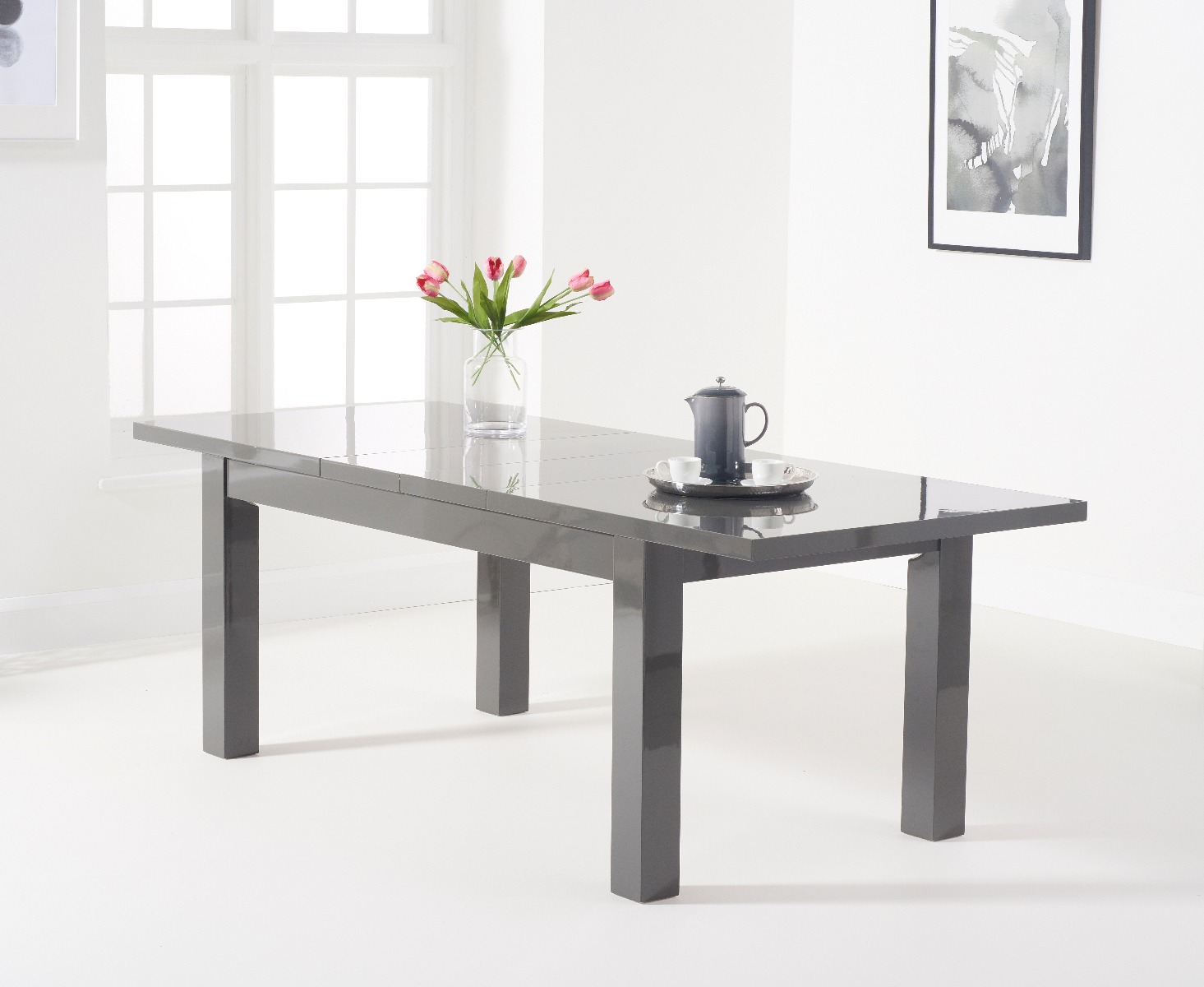 Photo 3 of Extending seattle 160cm dark grey high gloss dining table with 4 black enzo chairs