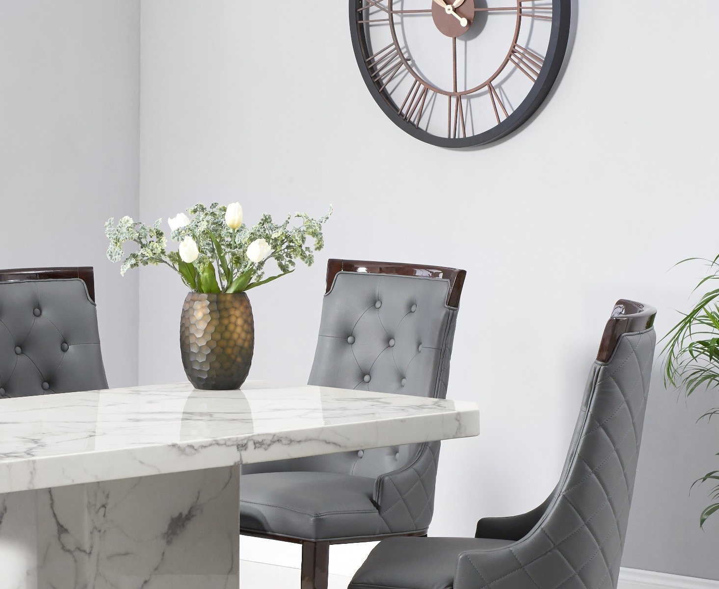 Photo 2 of Belle 160cm marble white dining table with 6 cream francesca chairs
