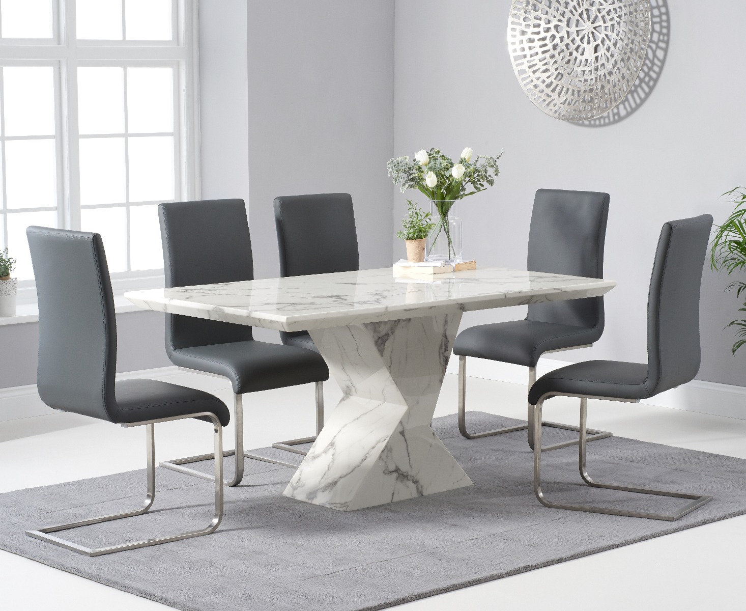 Aaron 160cm Marble White Dining Table With 4 Black Austin Chairs