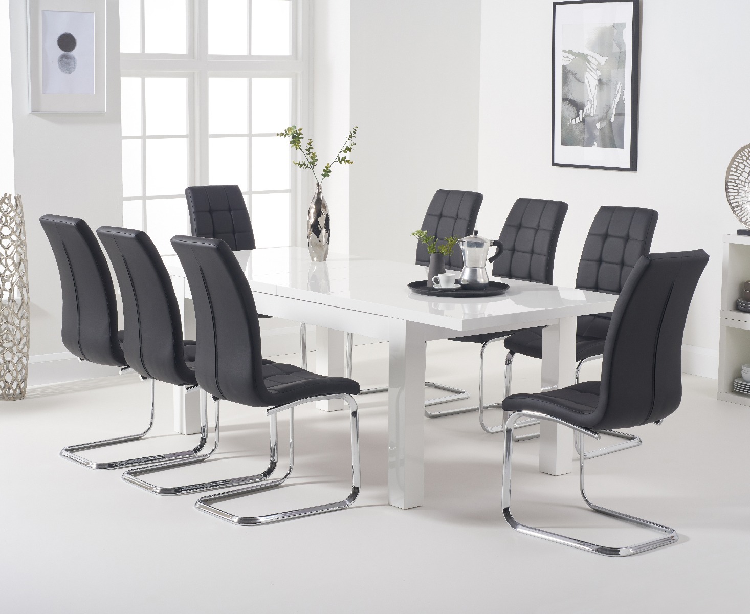 Photo 1 of Extending atlanta 160cm white high gloss dining table with 8 black vigo chairs