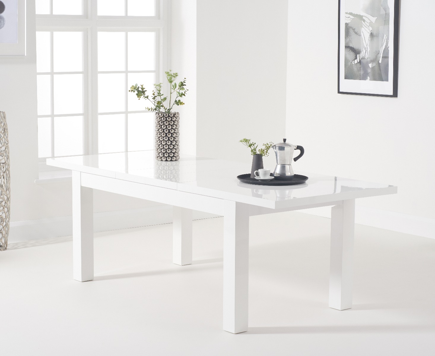 Photo 3 of Extending atlanta 160cm white high gloss dining table with 8 black enzo chairs