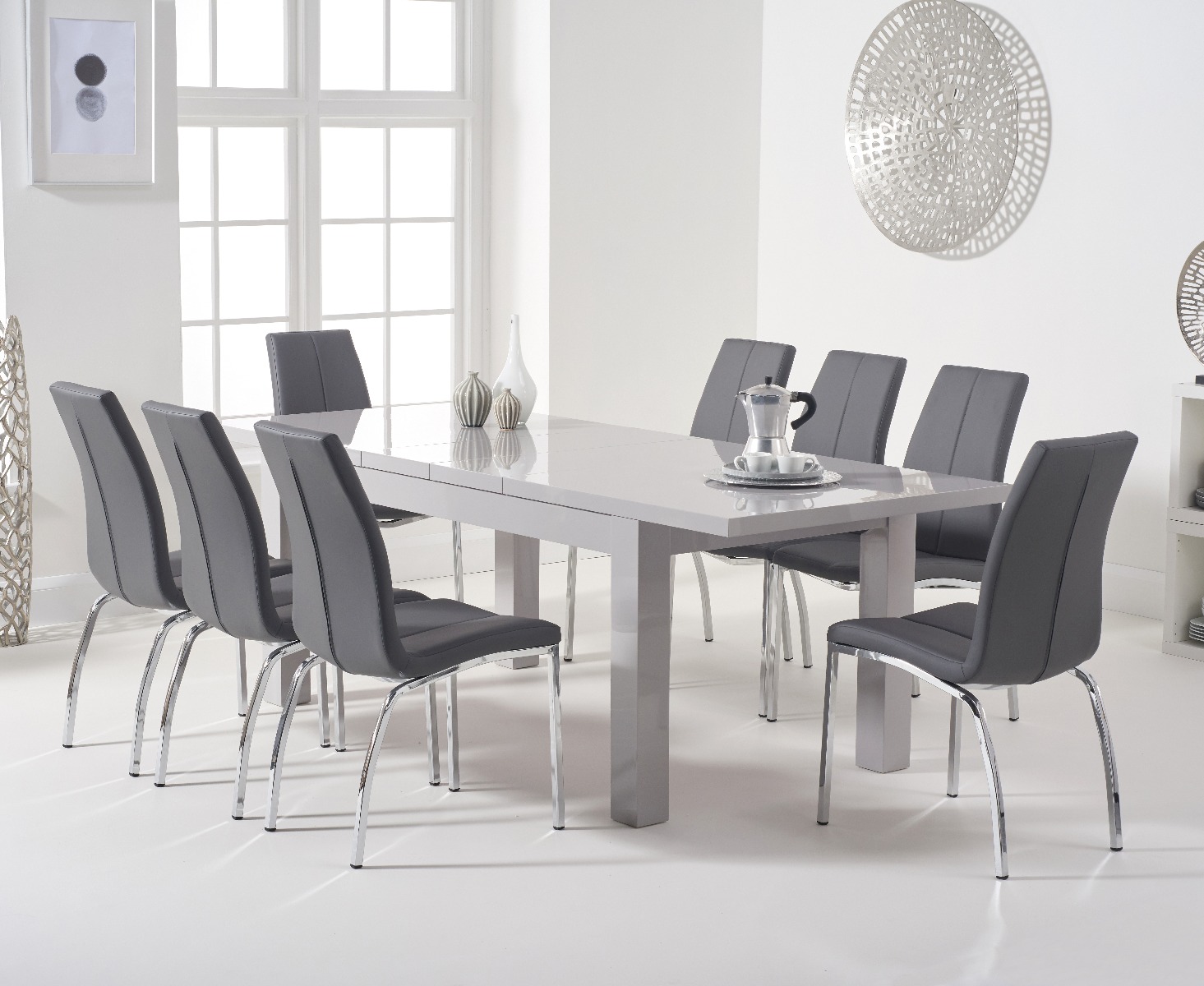Product photograph of Extending Seattle 160cm Light Grey High Gloss Dining Table With 6 White Marco Chairs from Oak Furniture Superstore