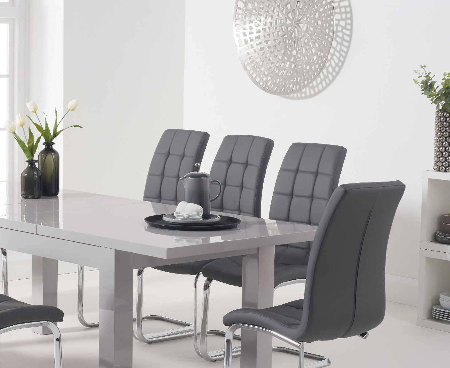Photo 1 of Seattle light grey gloss 160-220cm extending dining table with 8 white vigo chairs