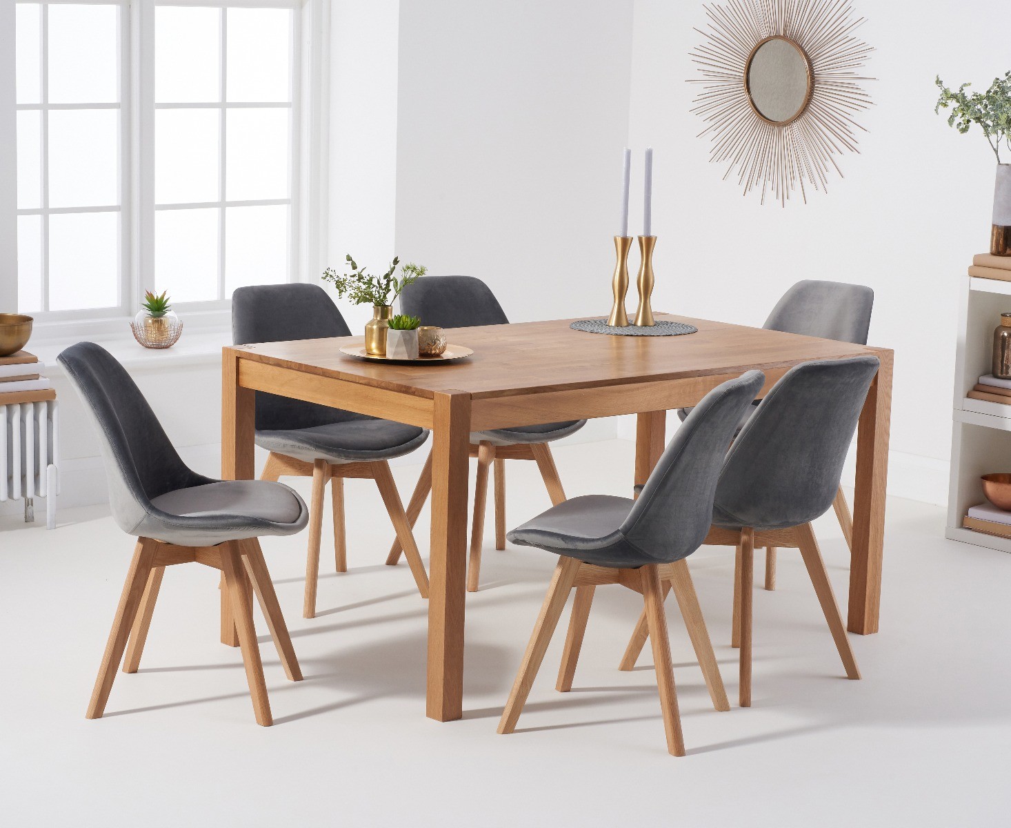 Product photograph of York 150cm Solid Oak Dining Table With 6 Grey Orson Velvet Chairs from Oak Furniture Superstore