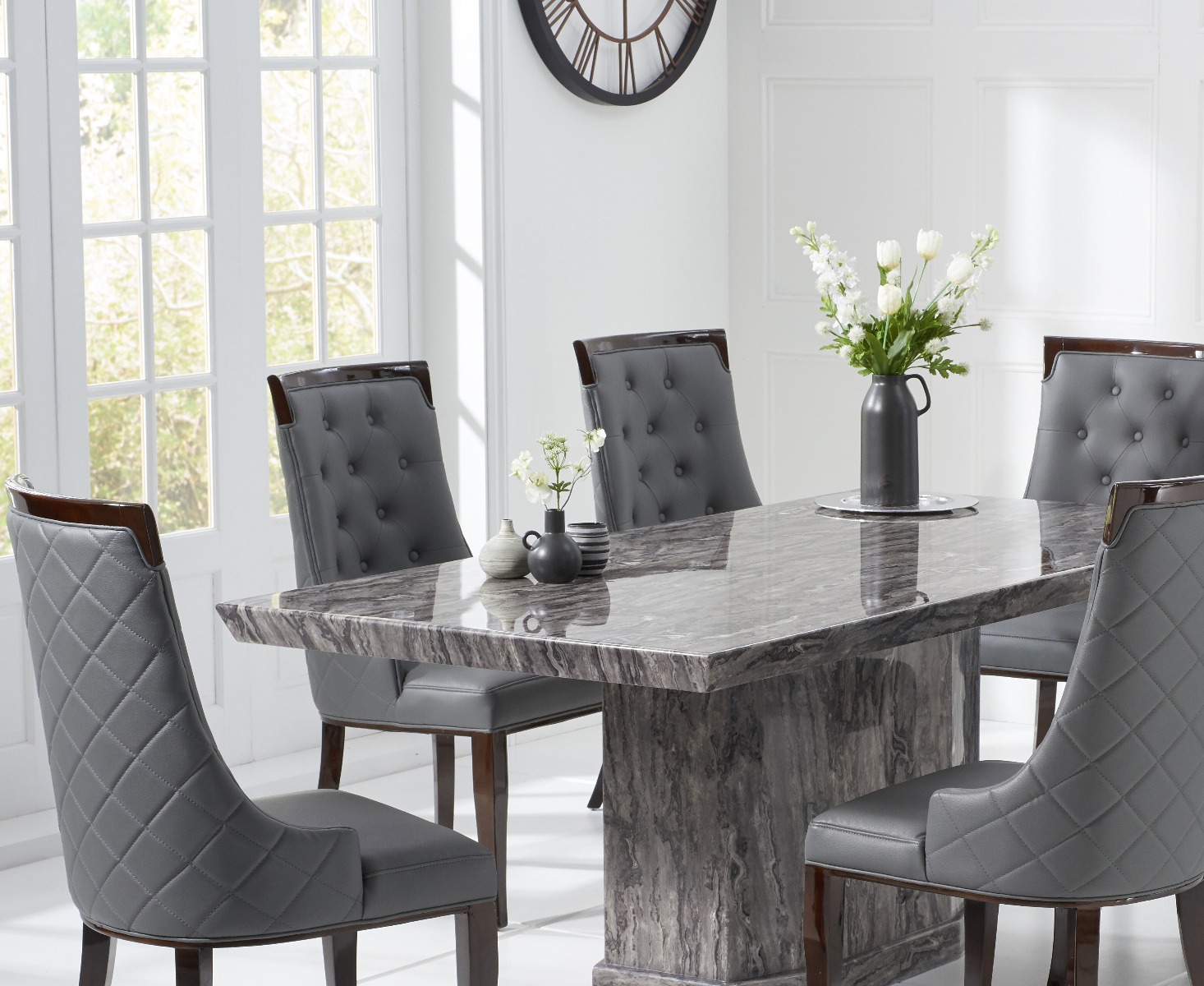 Photo 3 of Carvelle 200cm grey pedestal marble dining table with 6 cream francesca chairs