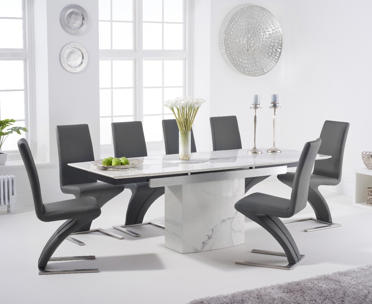 Product photograph of Savona 160cm Extending White Marble Dining Table With 6 Grey Aldo Faux Leather Chairs from Oak Furniture Superstore