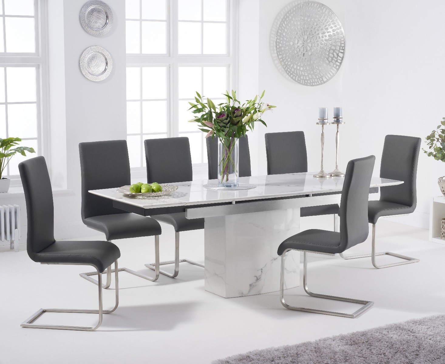 Product photograph of Savona 160cm Extending White Marble Dining Table With 6 Black Austin Faux Leather Chairs from Oak Furniture Superstore