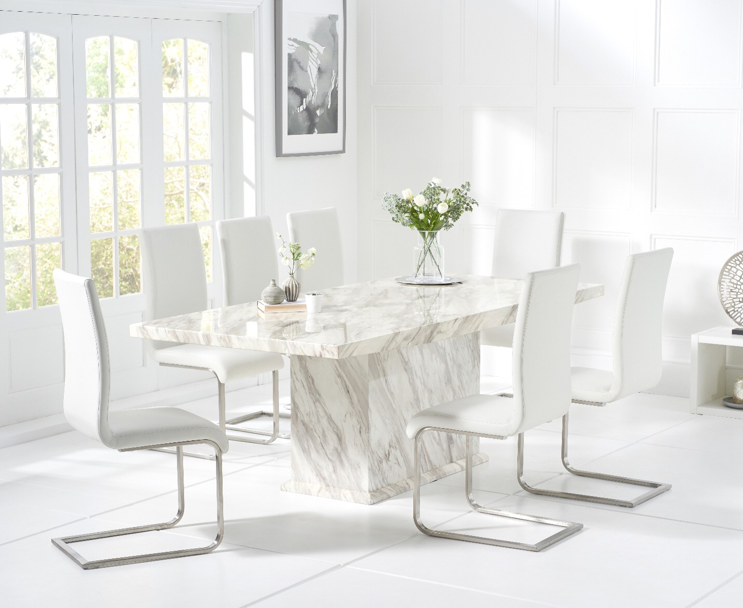 Marino 180cm Marble Dining Table With 6 White Malaga Chairs
