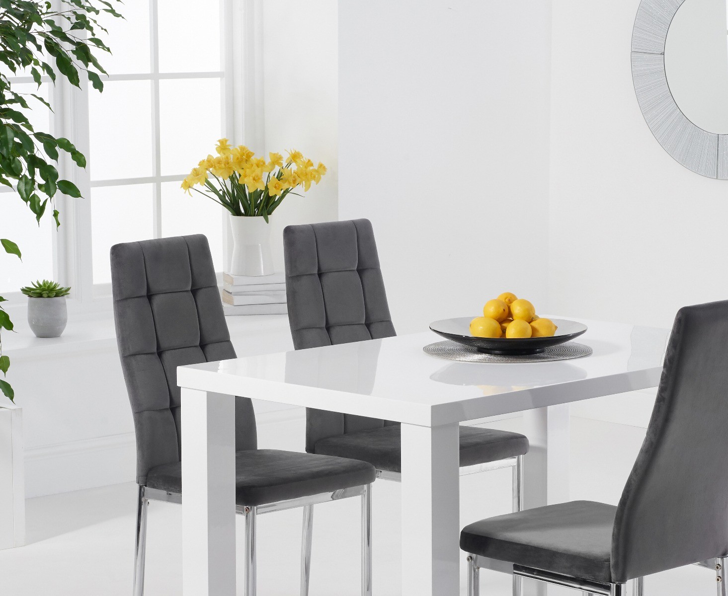 Photo 2 of Seattle 120cm white high gloss dining table with 4 grey angelo chairs