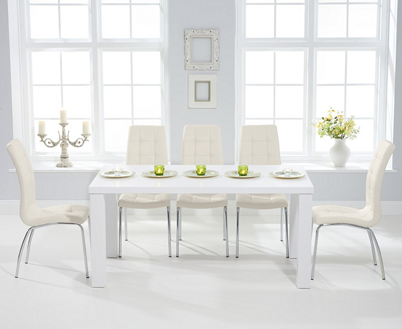 Seattle 160cm White High Gloss Dining Table With 6 Grey Enzo Chairs