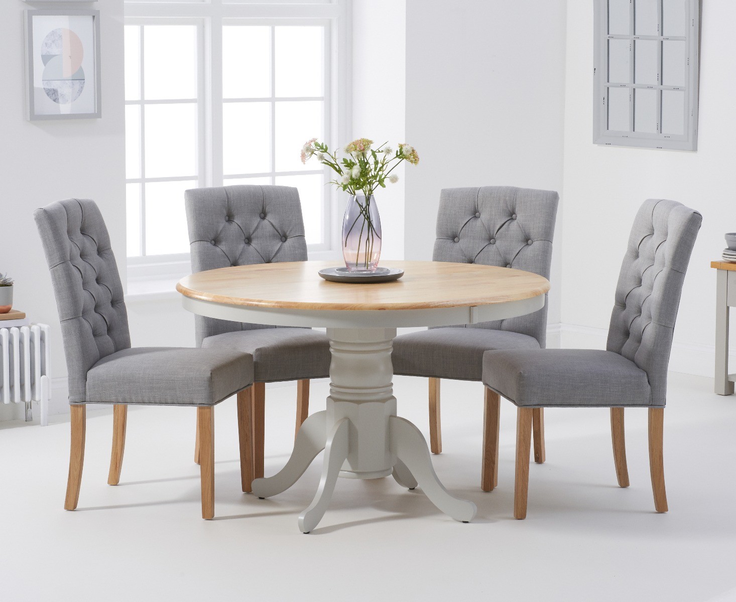 Epsom 120cm Oak And Grey Painted Dining Table With 6 Grey Isabella Fabric Chairs