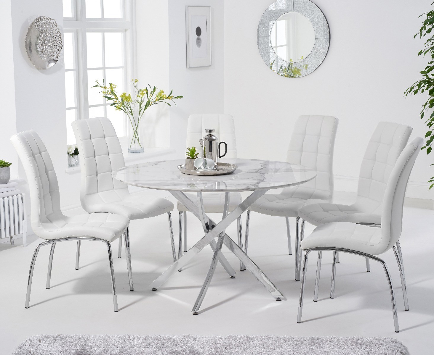 Photo 1 of Carter 120cm round white marble dining table with 4 white enzo chairs